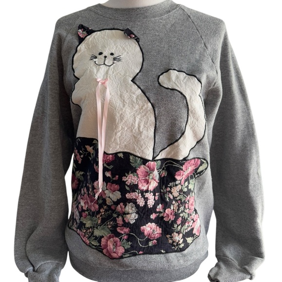 Vintage Jerzees Gray Cat Crewneck Sweater Size L - Picture 2 of 11